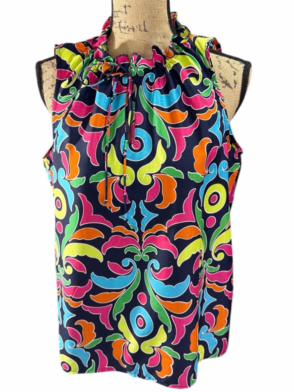 Multicolor Navy Ruffle-Neck Sleeveless Camisole